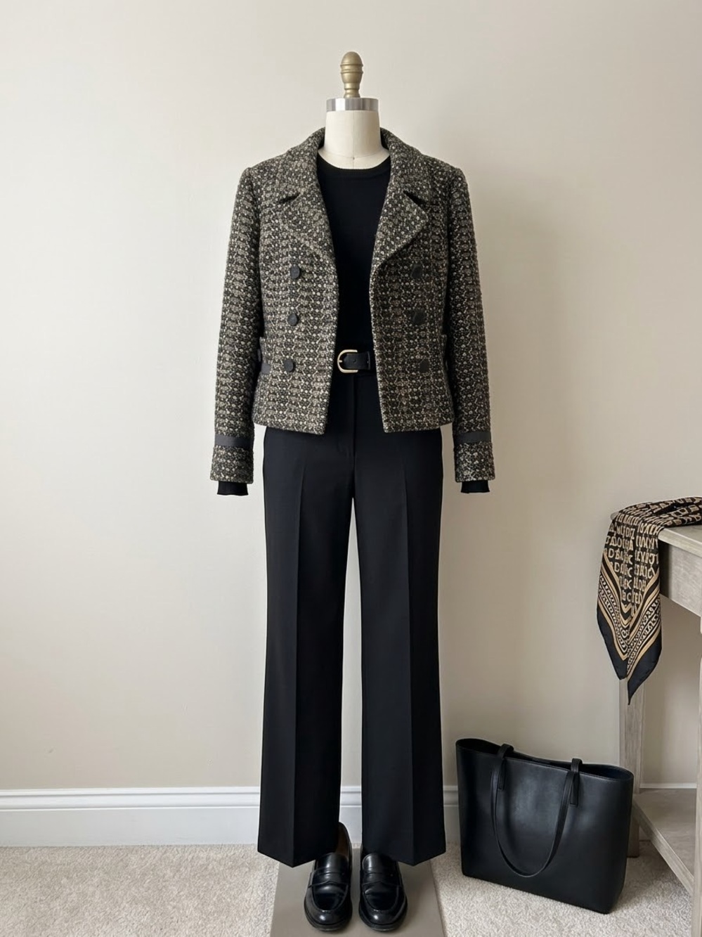 Cropped Textured Wool Tweed Blazer -  Black & Beige